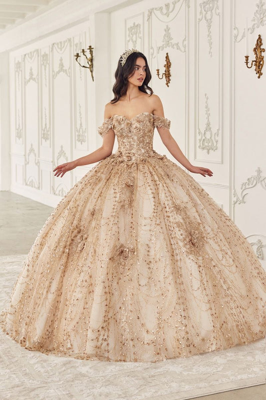 OFF THE SHOULDER GLITTER FLORAL PRINT GOLD BALL GOWN