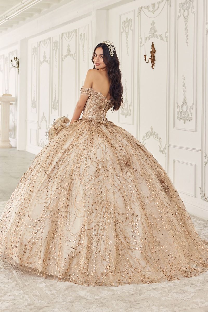 OFF THE SHOULDER GLITTER FLORAL PRINT GOLD BALL GOWN