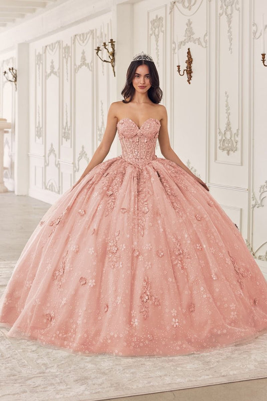 STRAPLESS LACE QUINCEANERA BALL GOWN WITH REMOVABLE PUFF SLEEVES