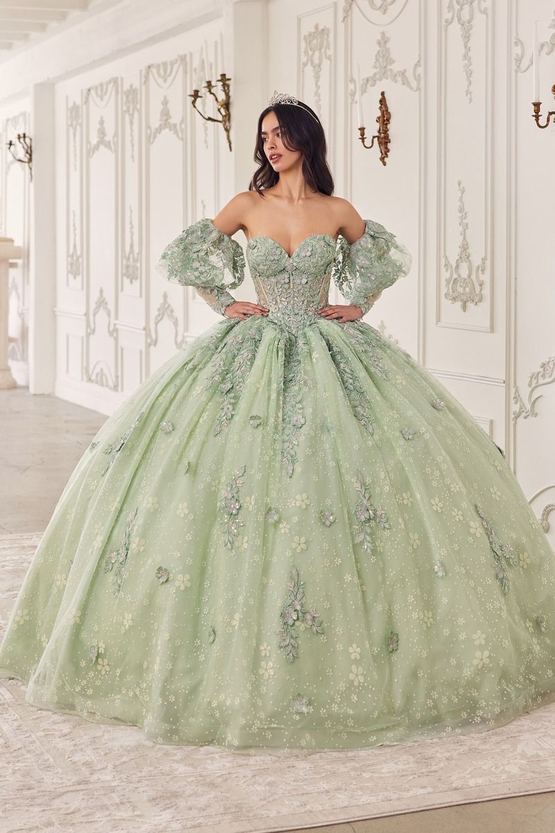 STRAPLESS LACE QUINCEANERA BALL GOWN WITH REMOVABLE PUFF SLEEVES