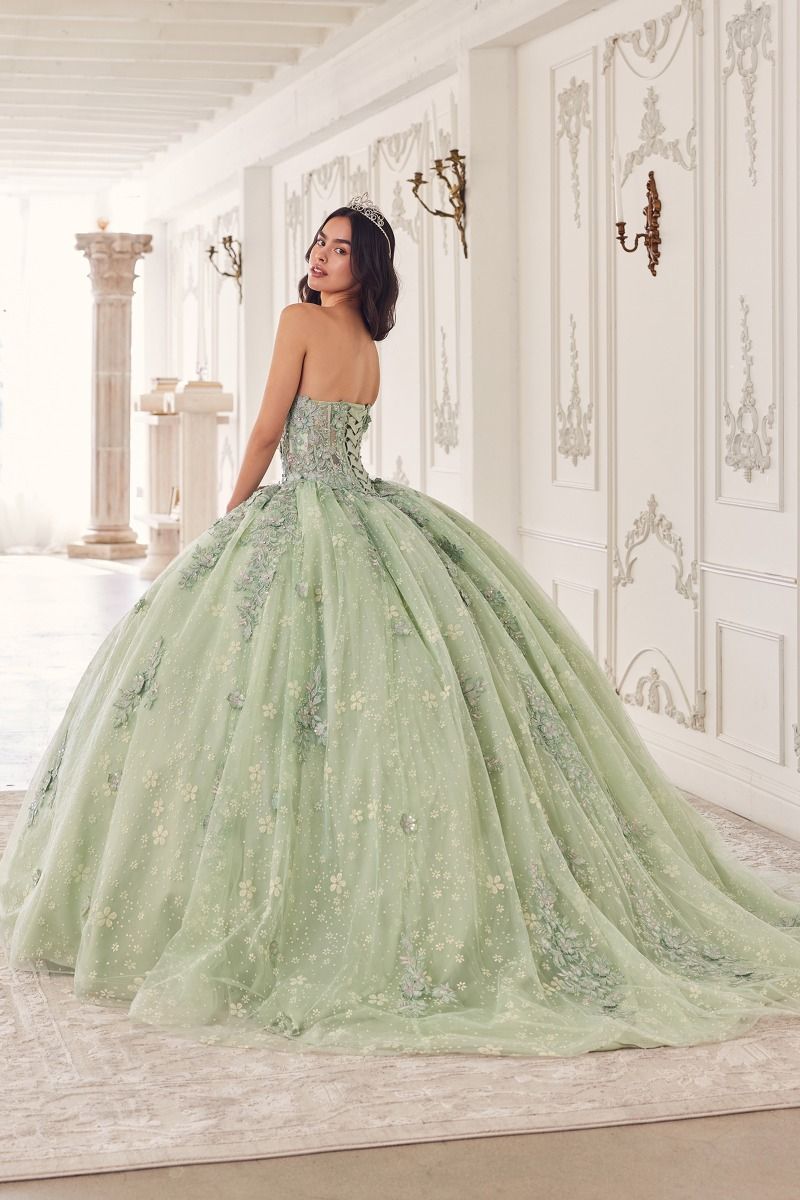 STRAPLESS LACE QUINCEANERA BALL GOWN WITH REMOVABLE PUFF SLEEVES