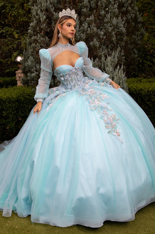 Ball gown with matching mock-neck bolero