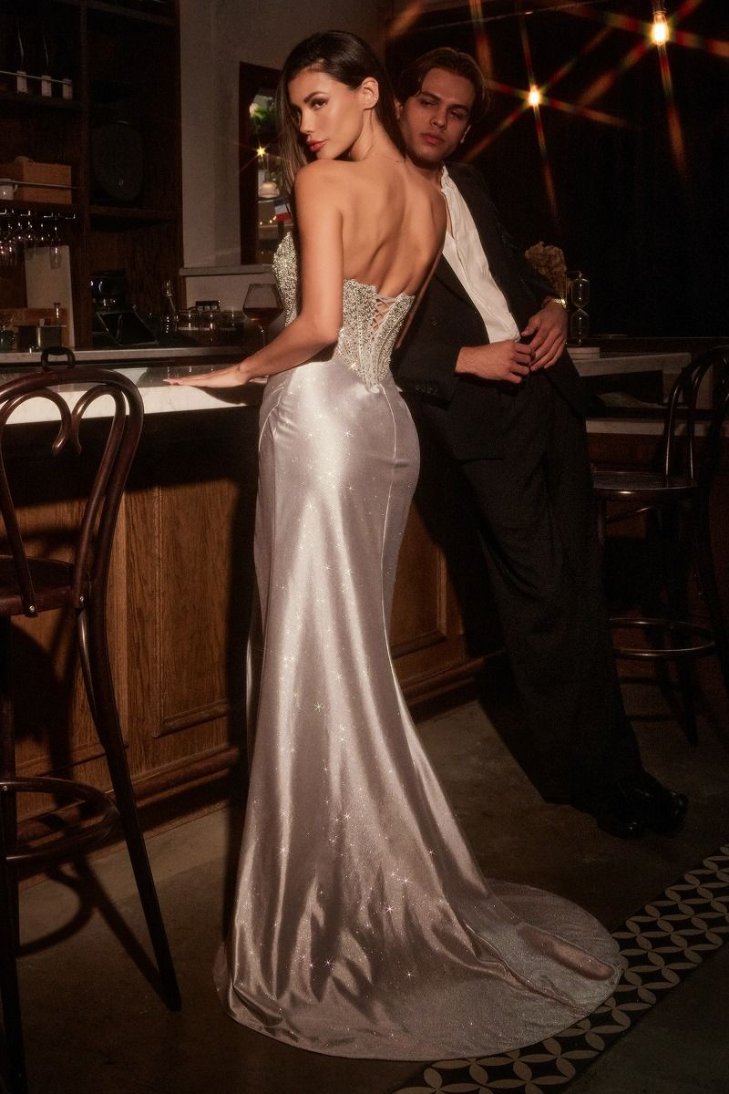 Scoop Neck Strapless Fitted Satin Gown