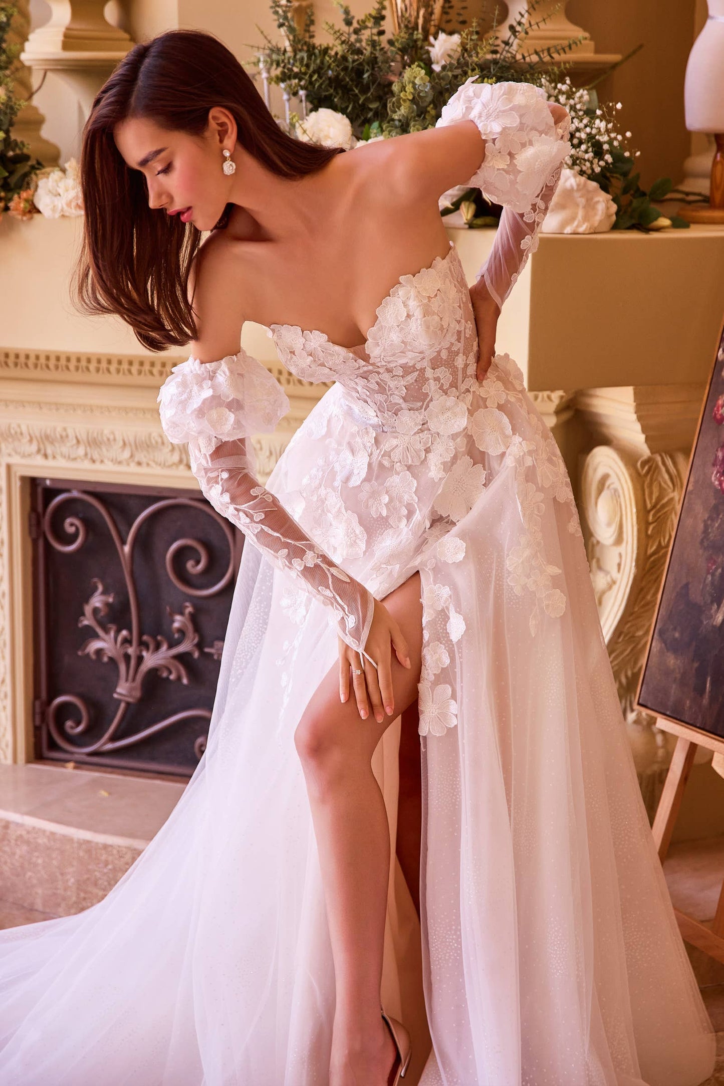 LaDivine W017 FLORAL APPLIQUE ADORNED STRAPLESS WEDDING GOWN