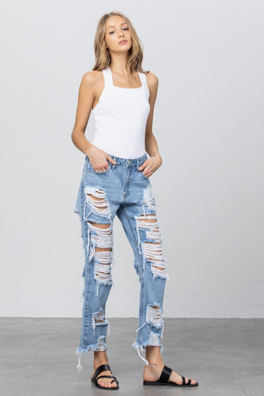 Heavy Destroyed Frayed Hem Straight Jeans