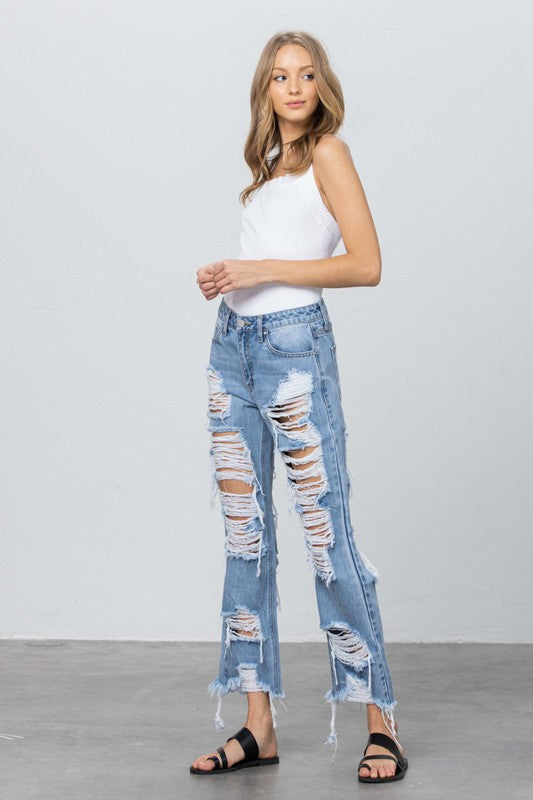 Heavy Destroyed Frayed Hem Straight Jeans