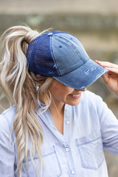 Distressed Messy Bun Hat Cap