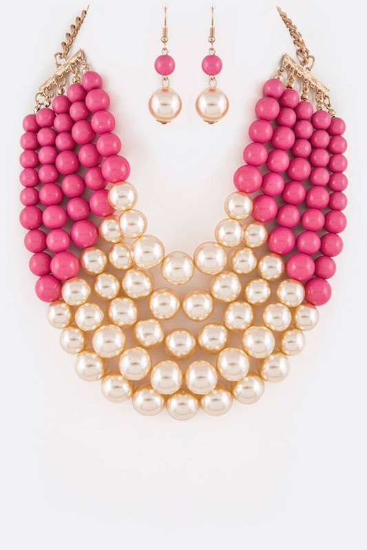 2 Tone Layered Pearls Strand Necklace Set