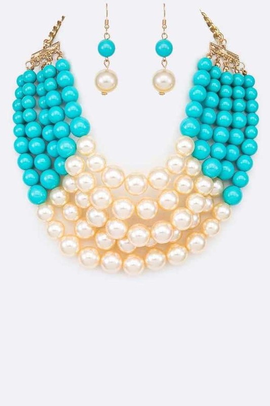 2 Tone Layered Pearls Strand Necklace Set