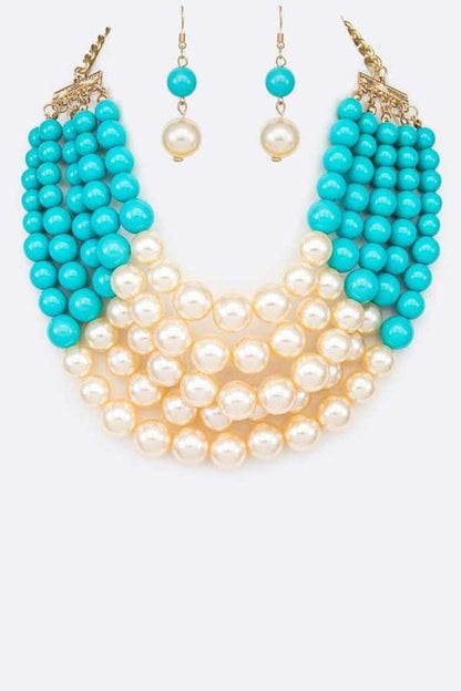 2 Tone Layered Pearls Strand Necklace Set