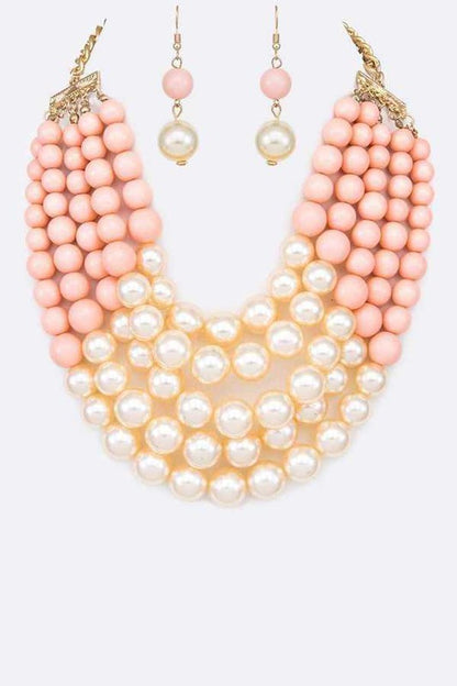 2 Tone Layered Pearls Strand Necklace Set