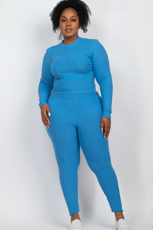 Plus Ribbed Mock Neck Long Sleeve Top&Leggings Set