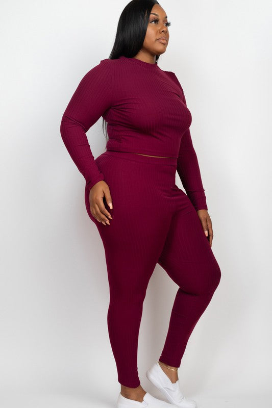 Plus Ribbed Mock Neck Long Sleeve Top&Leggings Set