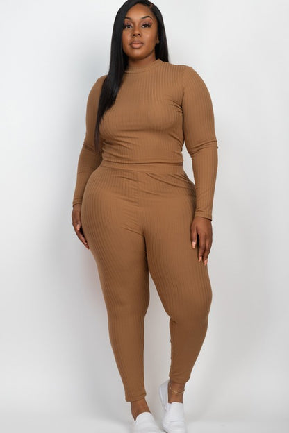 Plus Ribbed Mock Neck Long Sleeve Top&Leggings Set