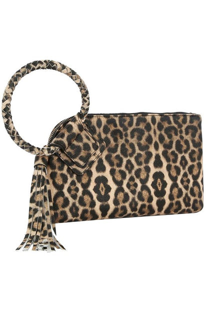 Leopard Cuff Handle Tassel Wristlet Clutch