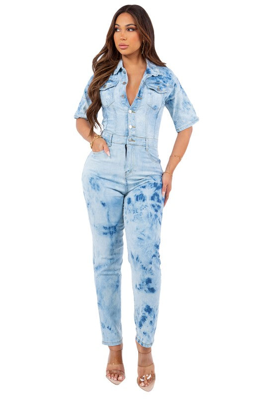 SEXY TIE DRY DENIM JUMPSUIT