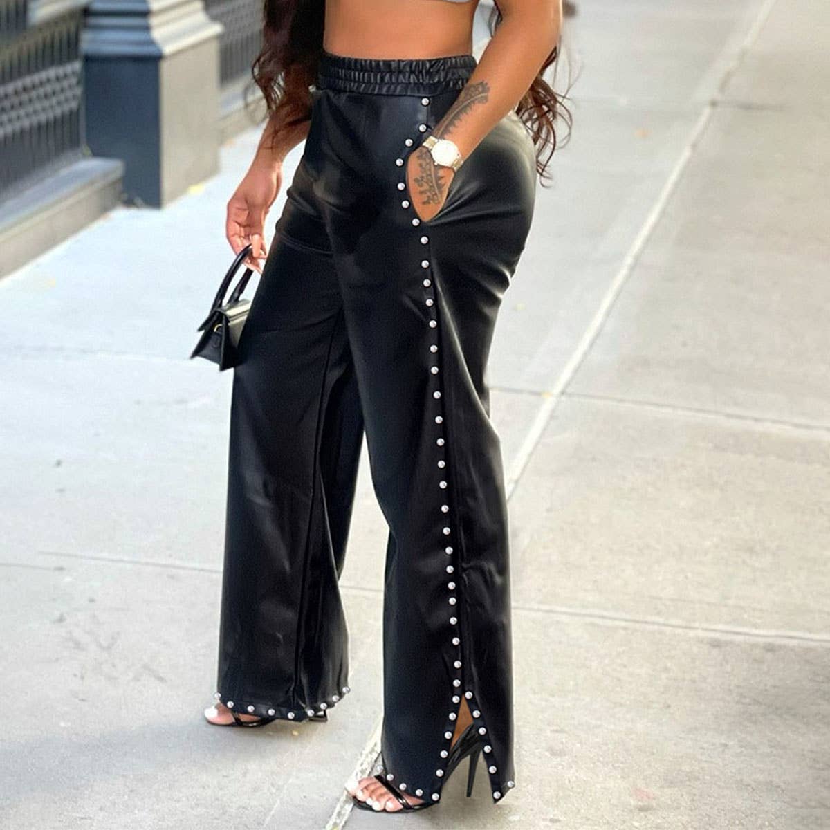 SOLID COLOR BAGGY WIDE LEG POCKET PU LEATHER PANT