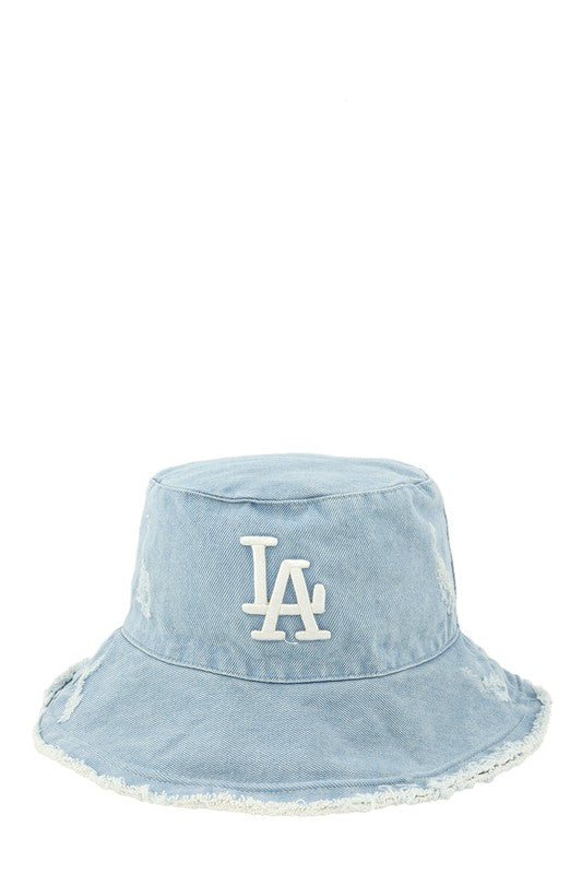 Distressed Denim LA Bucket Hat with Wired Brim