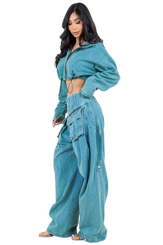 FASHION DENIM TWO PIECE PANT SET