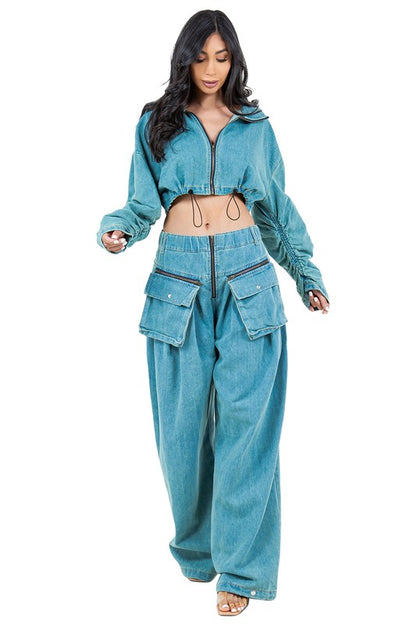 FASHION DENIM TWO PIECE PANT SET