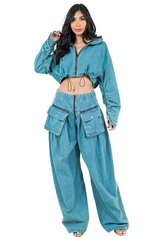 FASHION DENIM TWO PIECE PANT SET