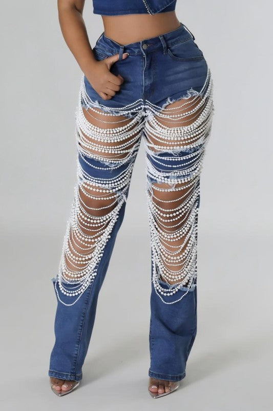 Pearl Chain Distressed Denim Jeans