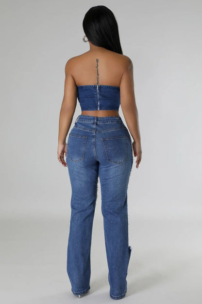 Pearl Chain Distressed Denim Jeans