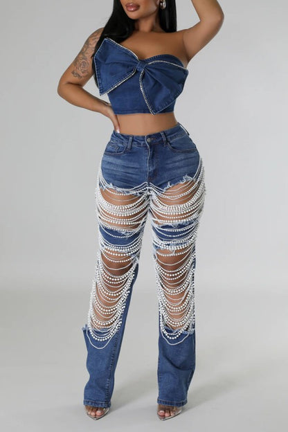 Pearl Chain Distressed Denim Jeans