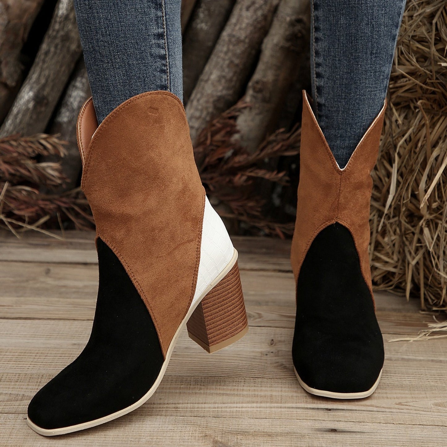 Suede Square Toe Block Heel Boots