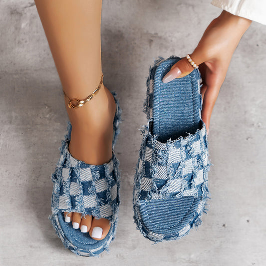 Plaid Denim Platform Sandals