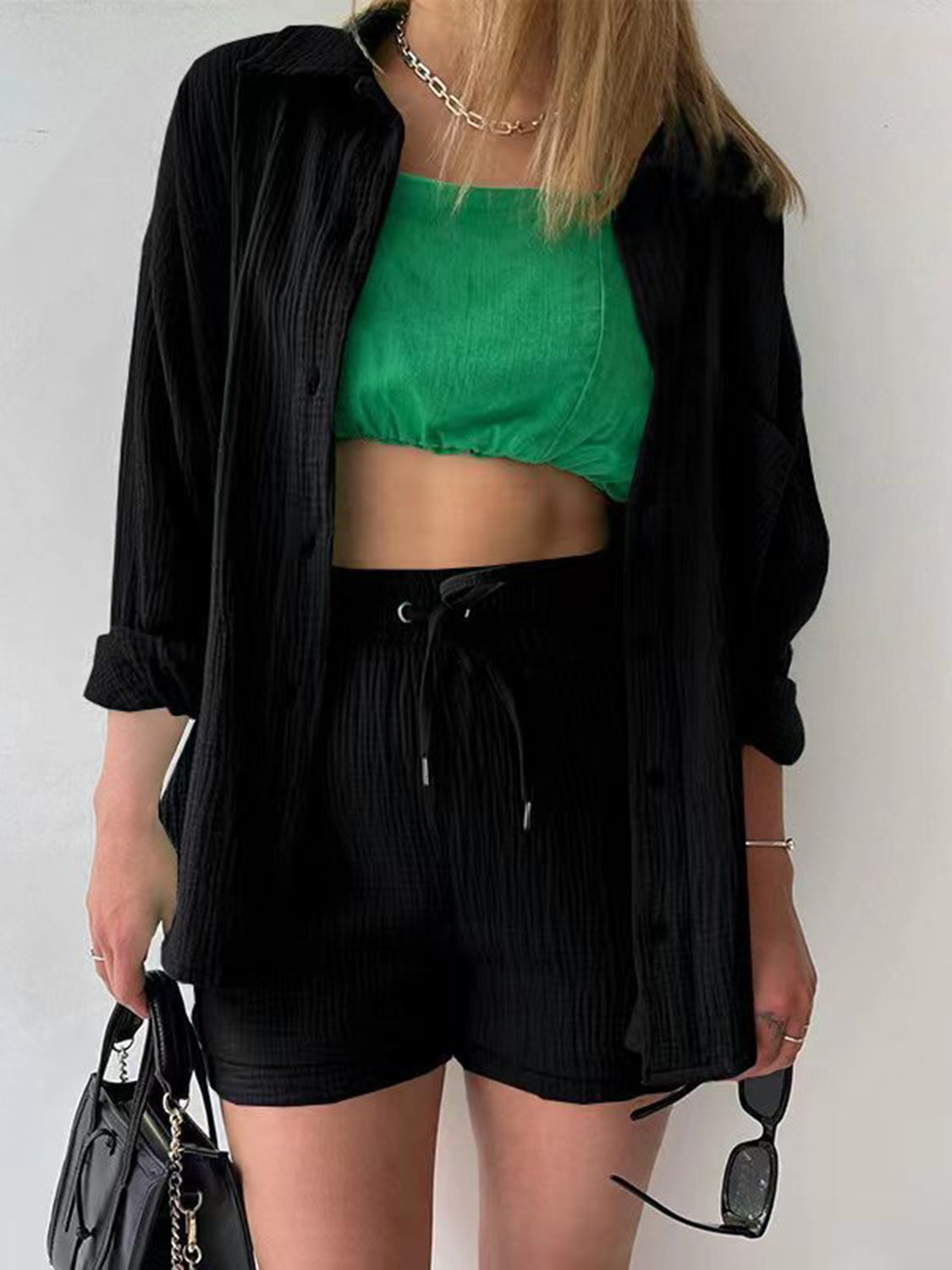 Texture Button Up Shirt and Drawstring Shorts Set