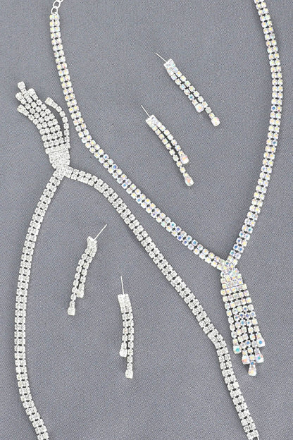 Crystal Rhinestone Tassel Lariat Necklace Set