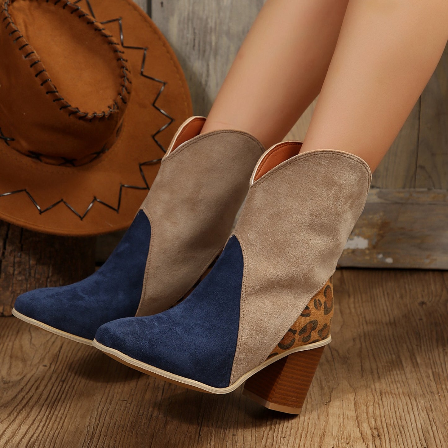 Suede Square Toe Block Heel Boots