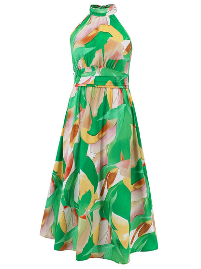 Ruched Printed Halter Neck Sleeveless Dress