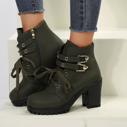 Leather Round Toe Block Heel Boots