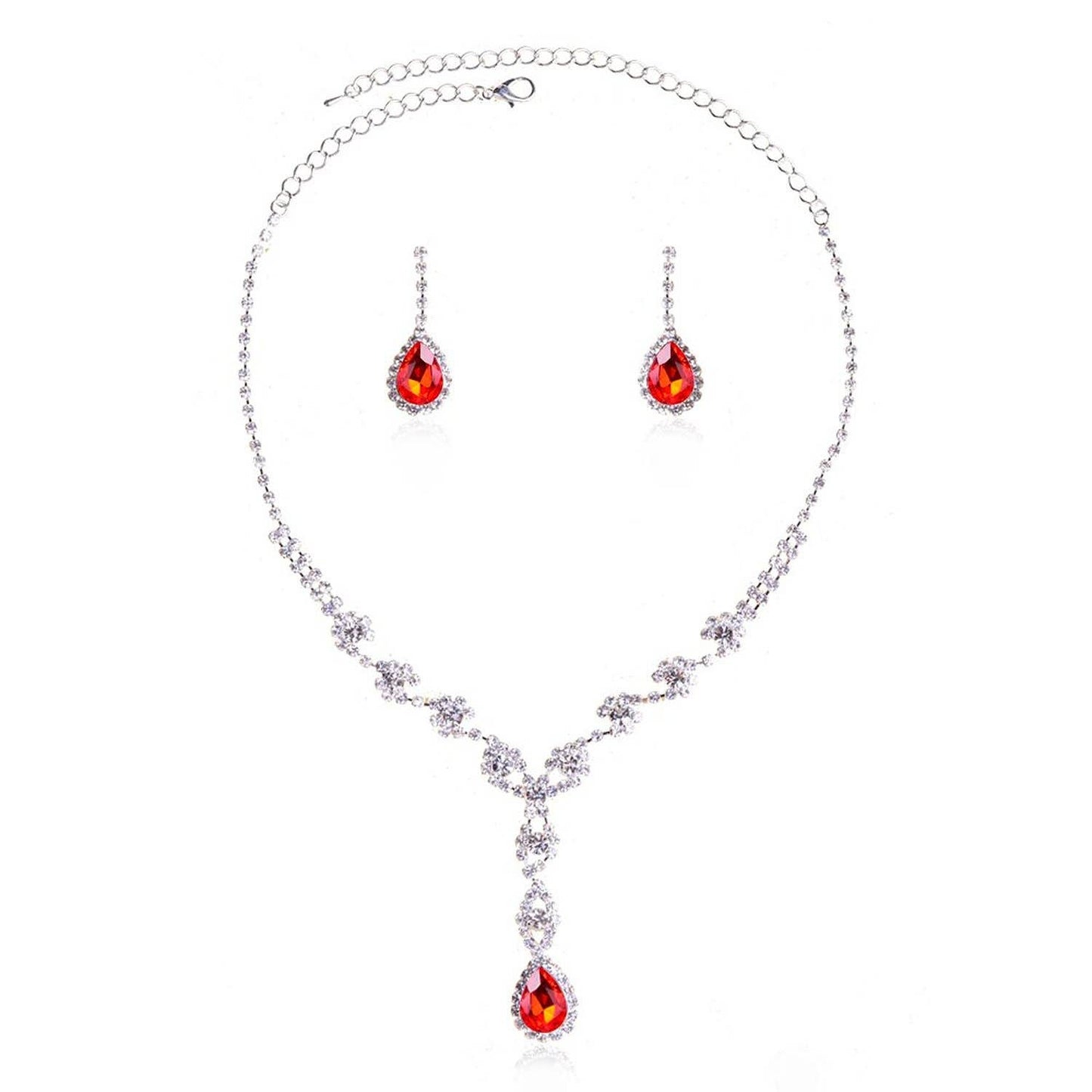 Silver Light Siam Tear Drop Wedding Jewelry Set