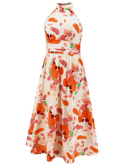 Ruched Printed Halter Neck Sleeveless Dress