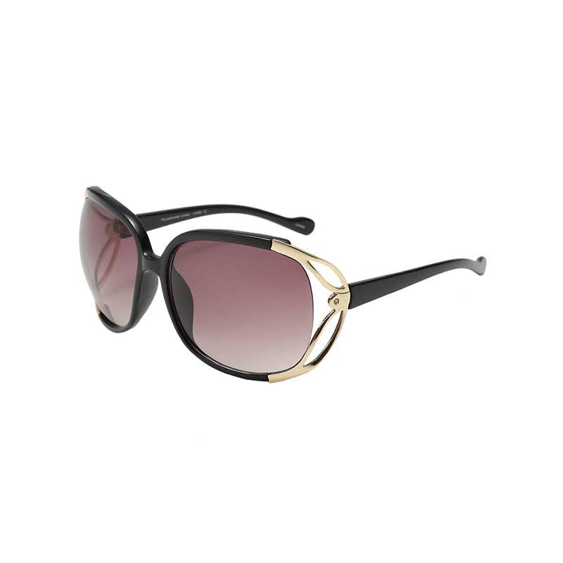Sunglasses with black frame and gradient lenses on a white background