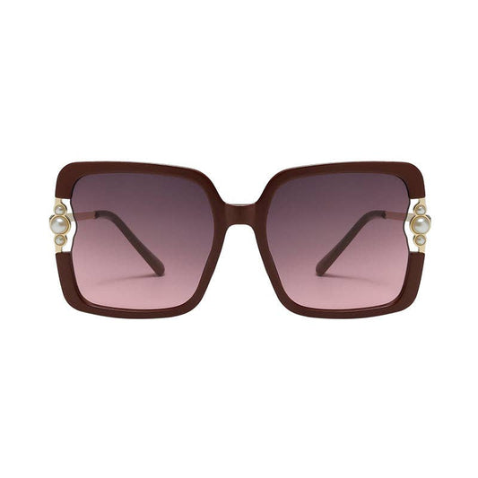 Sunglasses with brown frame and pink gradient lenses on a white background