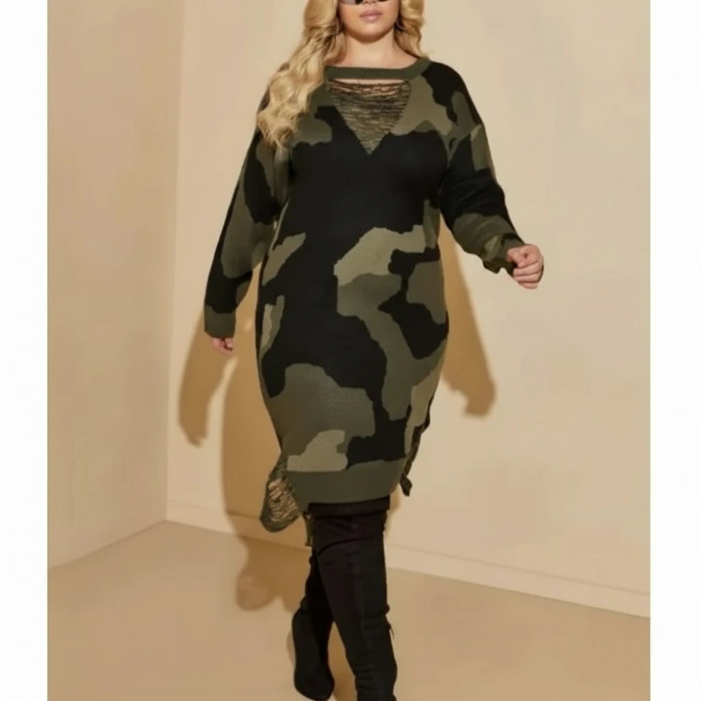 Person wearing a camouflage dress against a beige background