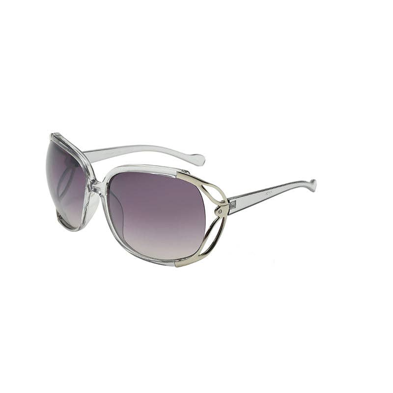 Silver sunglasses with gradient purple lenses on a white background