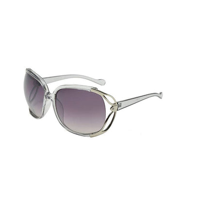 Silver sunglasses with gradient purple lenses on a white background