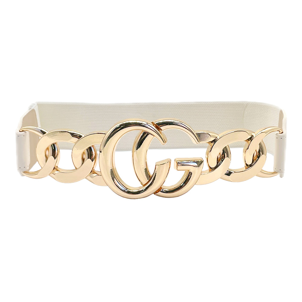 Double Metal Ring Chain Buckle Accent Elastic Waist Belt