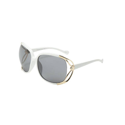 Sunglasses with white frame and gray lenses on a white background