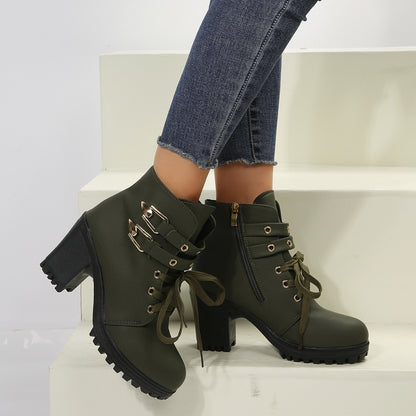 Leather Round Toe Block Heel Boots