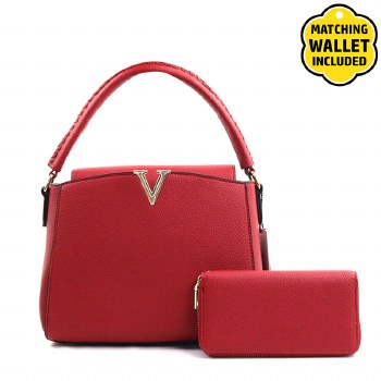 Faux Leather "V" Satchel Handbag with Matching Wallet