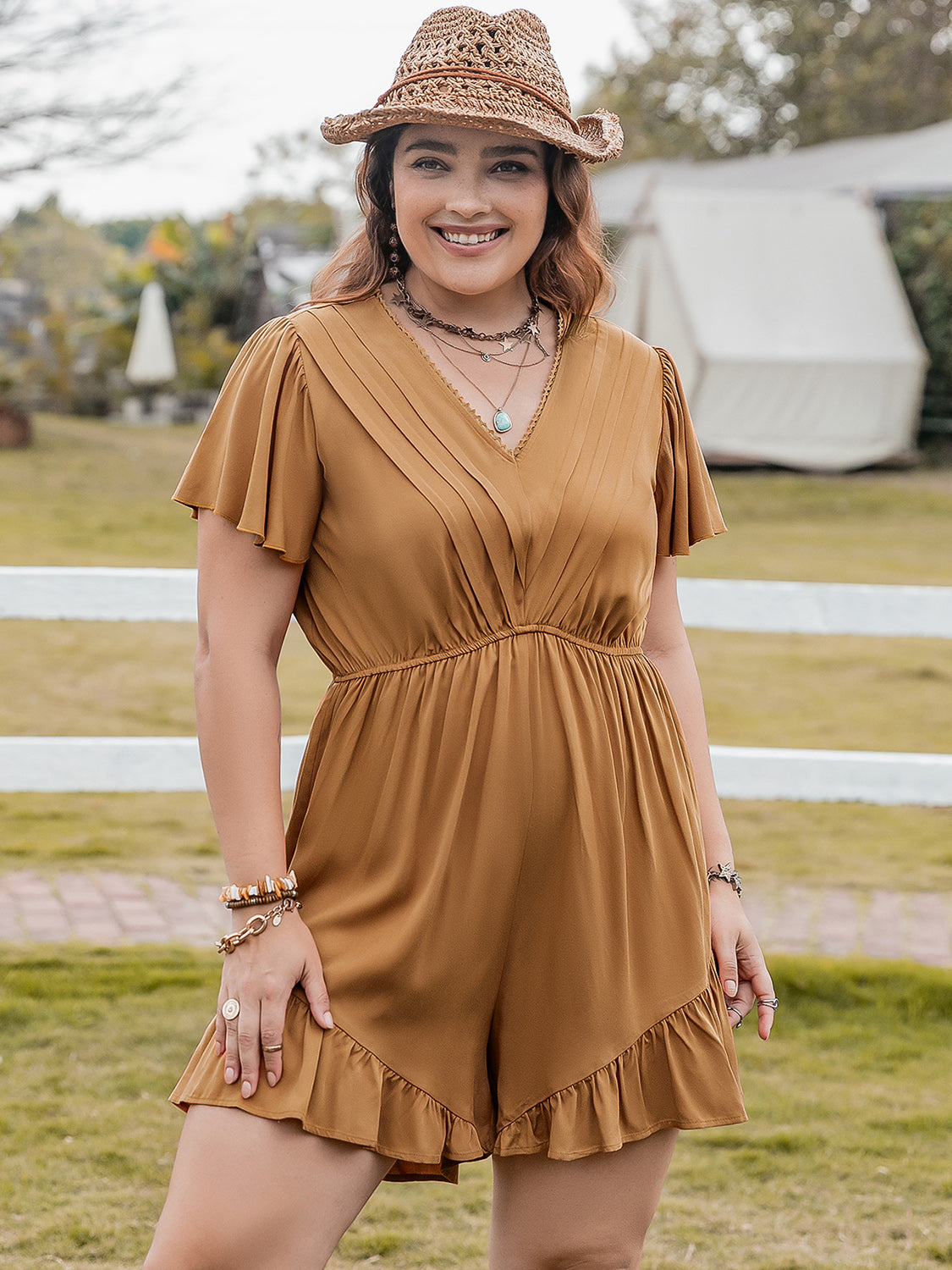 Ruffled V-Neck Short Sleeve Romper