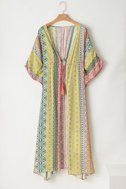 Drawstring Printed Kimono Sleeve Cover Up