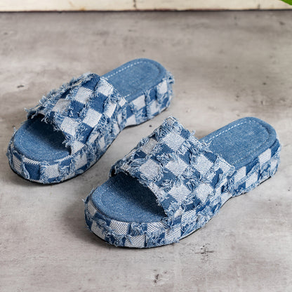 Plaid Denim Platform Sandals