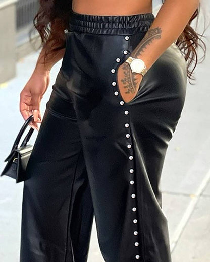 SOLID COLOR BAGGY WIDE LEG POCKET PU LEATHER PANT
